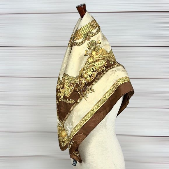 Silk Square Scarf Italy Brown Gold Cream Baroque - Picture 8 of 13